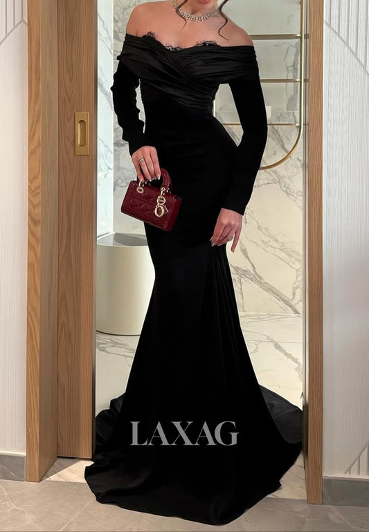 Sweetheart Long-Sleeves Pleated Satin Formal Gowns Off-Shoulder Sweep Train Mermaid Evening Dress