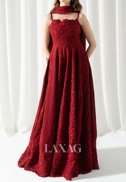 Sweetheart Spaghetti Straps Formal Gowns Sleeveless Applique Pleated Satin A-Line Evening Dress