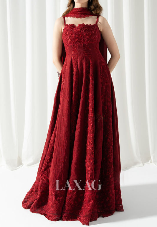 Sweetheart Spaghetti Straps Formal Gowns Sleeveless Applique Pleated Satin A-Line Evening Dress