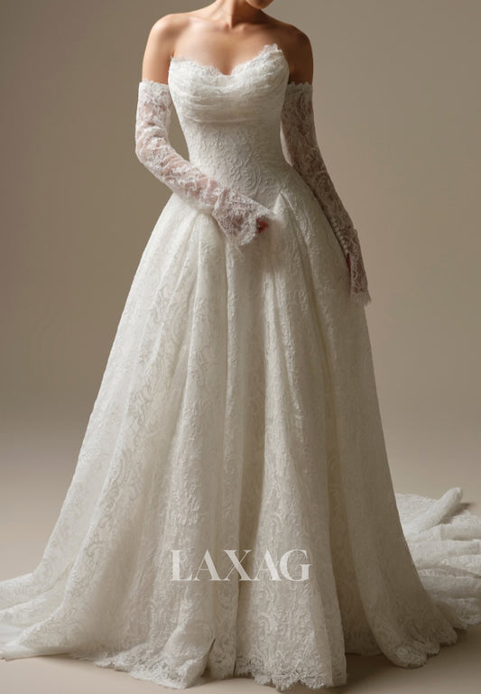 Sweetheart Long-Sleeves Allover Lace Applique Pleated A-Line Wedding Dress with Train