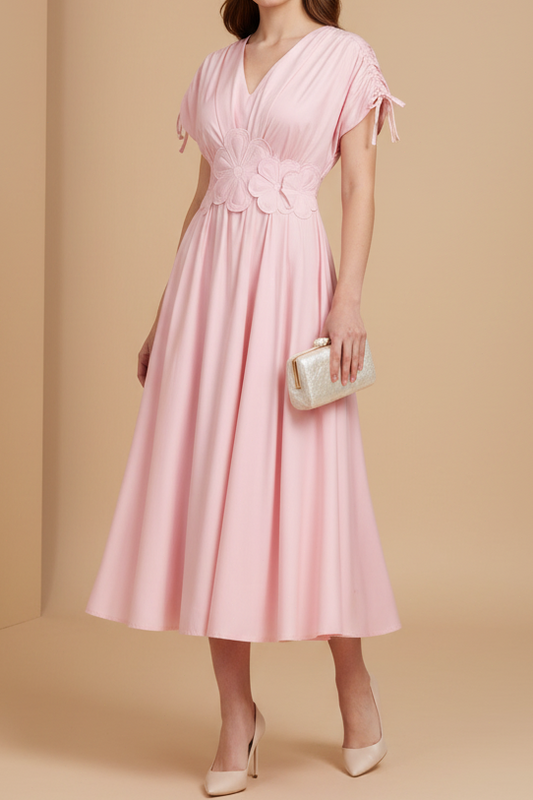 V-Neck Short Sleeve Midi Dress with Floral Applique