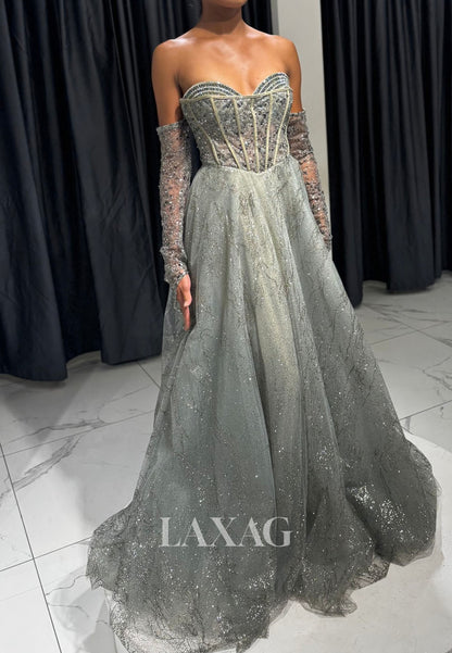 Sweetheart Fully Sequined Beaded A-Line Prom Dress Long-Sleeves Pleated Tulle Party Gowns