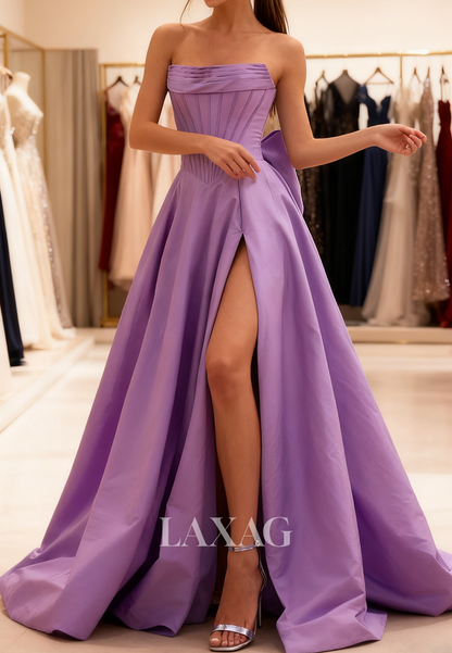 Tube Top Off-Shoulder Sleeveless Pleated Satin High Slit A-Line Prom Dress with Big Bow