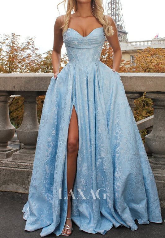 Sweetheart Off-Shoulder Sleeveless Jacquard Satin Pleated A-Line Prom Dress with High Slit