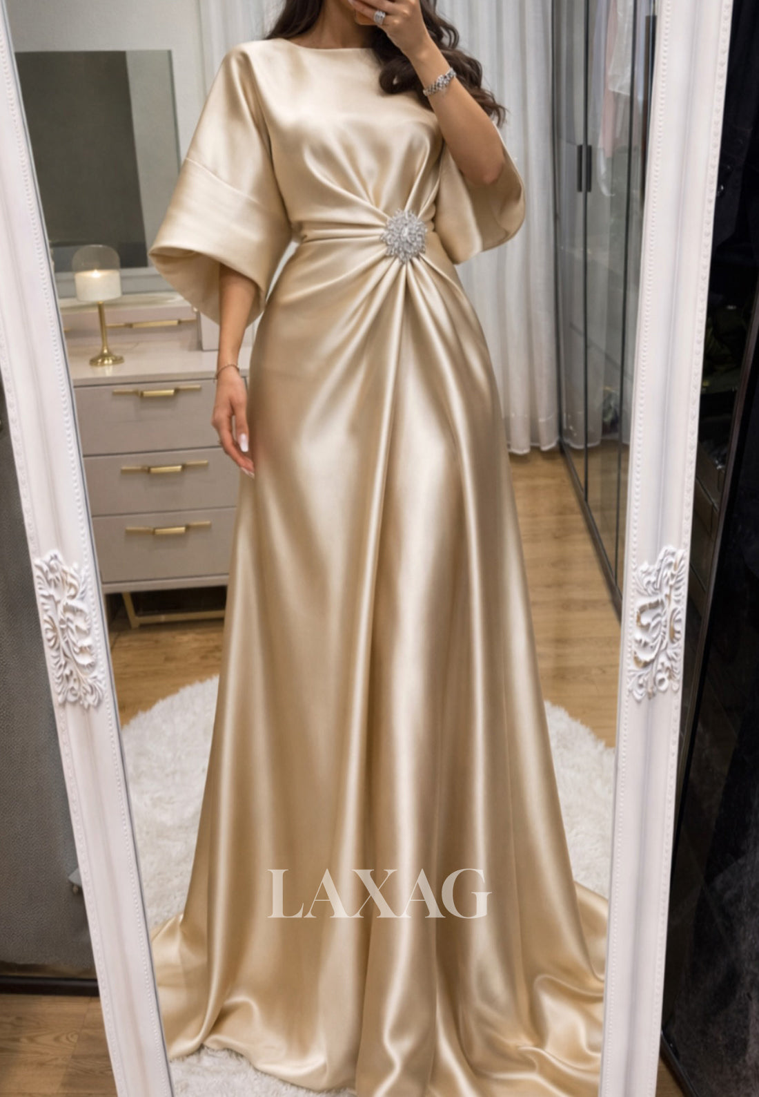 Scoop-Neck Half-Sleeves Beaded Satin Pleated A-Line Formal Evening Dress with Sweep Train