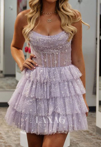 Scoop-Neck Off-Shoulder Fully Beaded Pleated Tulle Tiered A-Line Party Homecoming Dress