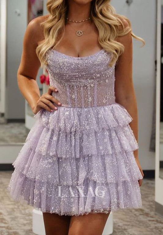 Scoop-Neck Off-Shoulder Fully Beaded Pleated Tulle Tiered A-Line Party Homecoming Dress