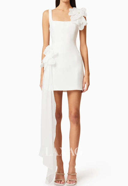 Square-Neck Straps Sleeveless Beaded 3D-Floral Satin Simple Short Mermaid Wedding Dress