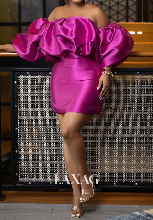 Tube Top Off-Shoulder Puff-Sleeves Pleated Satin Short Mermaid Party Homecoming Dress