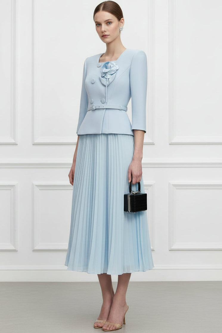 Square-Neck Half-Sleeves 3D-Floral Satin Pleated Tea-Length A-Line Wedding Guest Dress