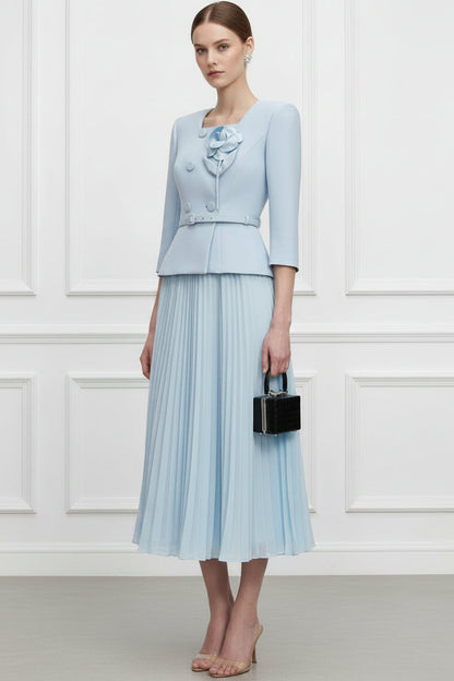 Square-Neck Half-Sleeves 3D-Floral Satin Pleated Tea-Length A-Line Wedding Guest Dress
