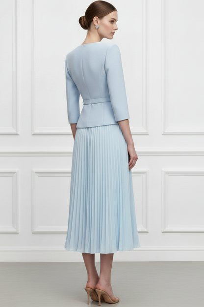 Square-Neck Half-Sleeves 3D-Floral Satin Pleated Tea-Length A-Line Wedding Guest Dress