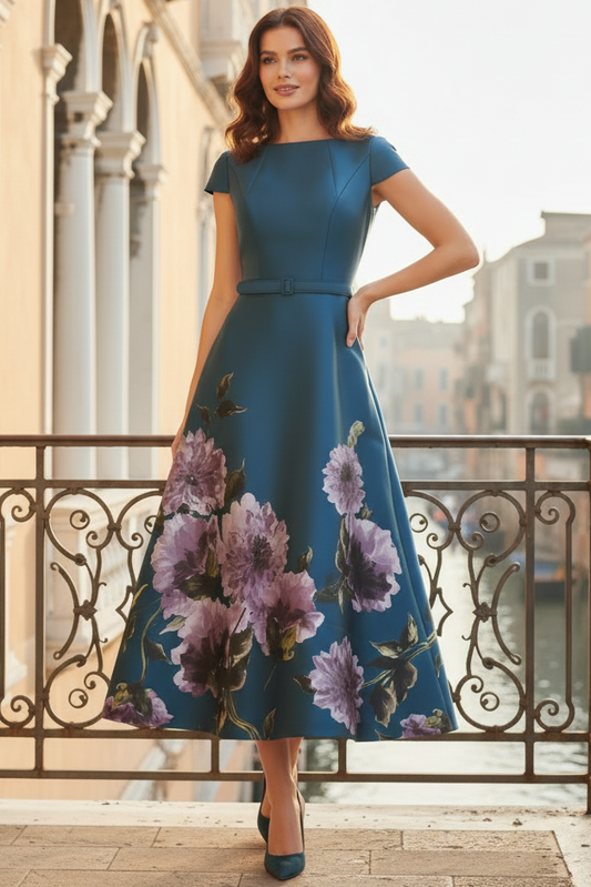 Bateau-Neck Cap-Sleeves Print-Satin Pleated Tea-Length A-Line Mother of the Bride Dress
