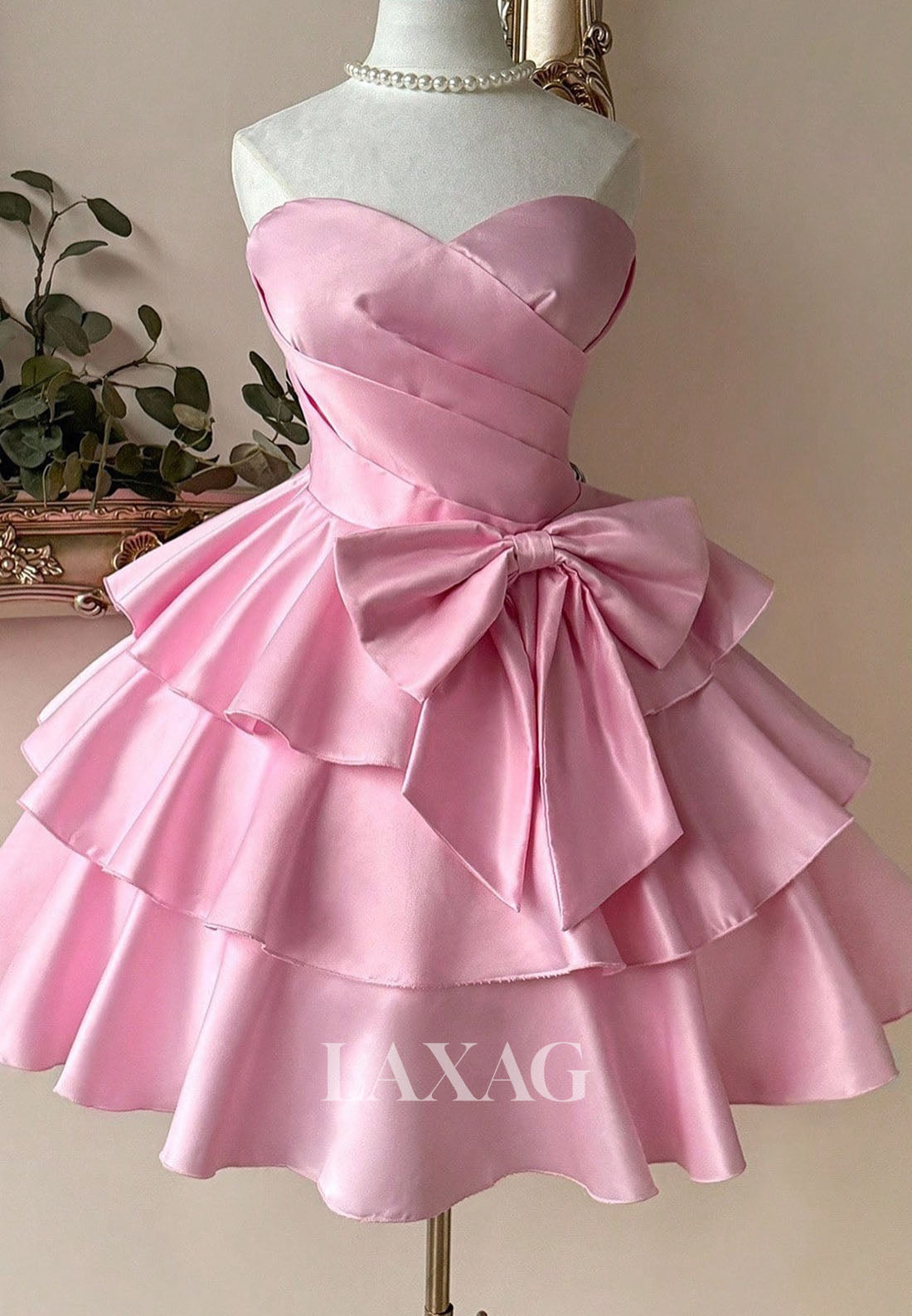 Off-Shoulder Sweetheart Sleeveless Pleated Satin Tiered A-Line Party Homecoming Dress with Bow