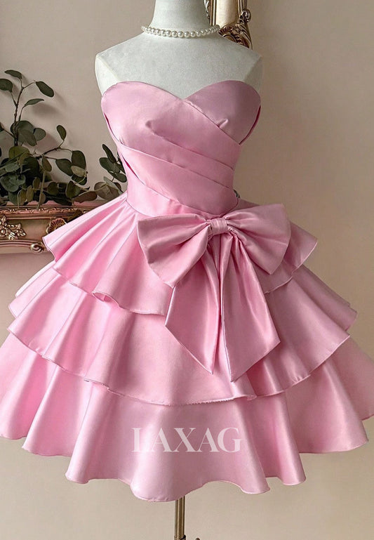 Off-Shoulder Sweetheart Sleeveless Pleated Satin Tiered A-Line Party Homecoming Dress with Bow