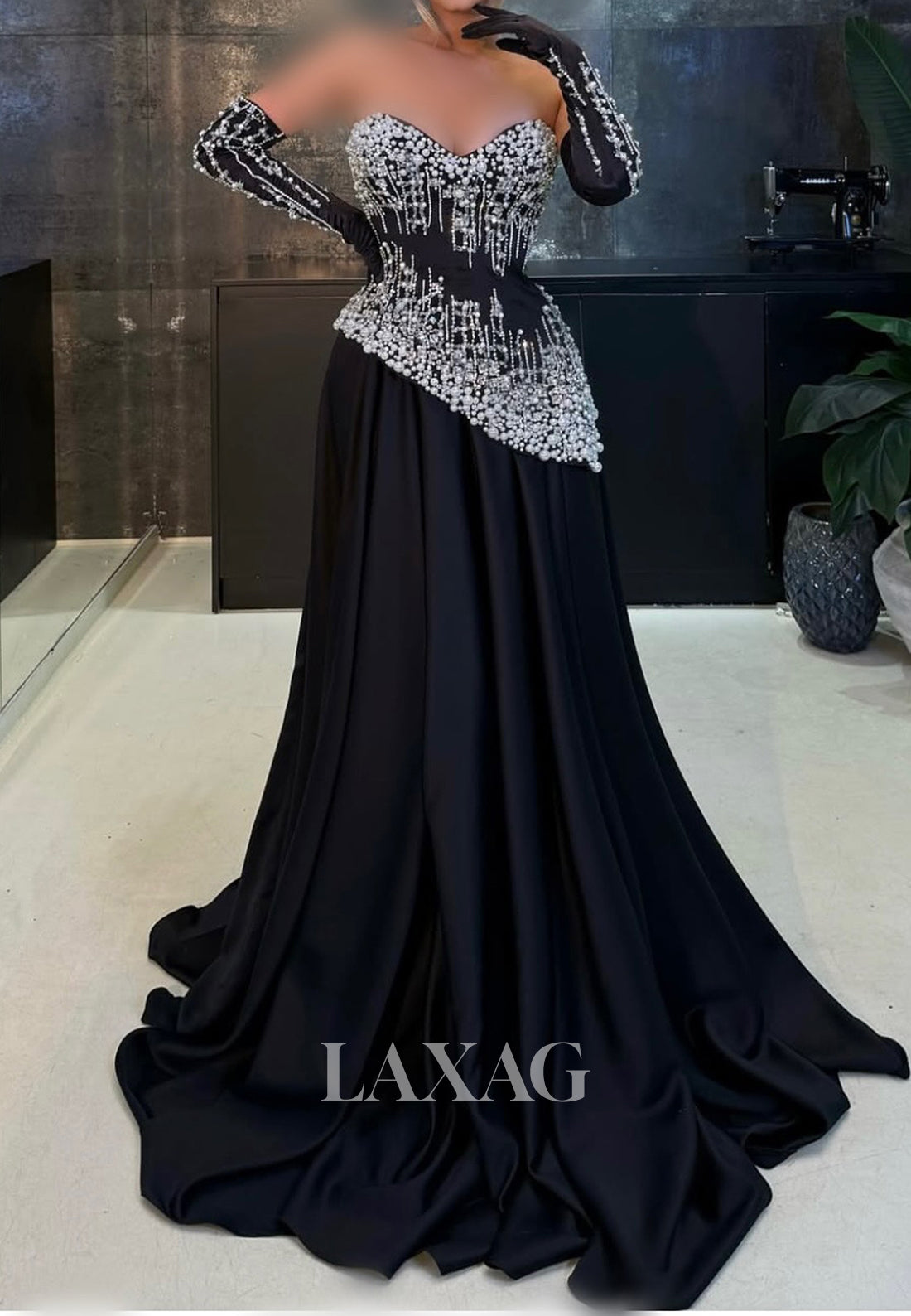 Sweetheart Off-Shoulder Pleated Satin Formal Gowns Beaded Floor-Length A-Line Evening Dress