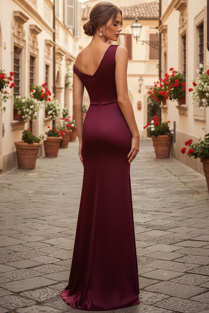 Asymmetrical-Neck Sleeveless Beaded Satin Pleated Floor-Length Mermaid Evening Dress