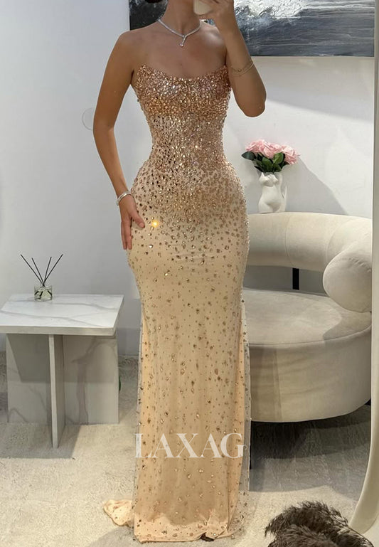 Scoop-Neck Sleeveless Mermaid Prom Dress Floor-Length Fully Rhinestone Beaded Party Gowns