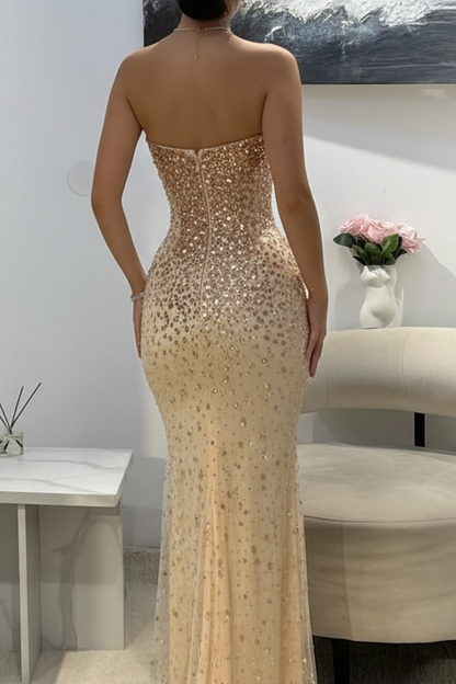 Scoop-Neck Sleeveless Mermaid Prom Dress Floor-Length Fully Rhinestone Beaded Party Gowns