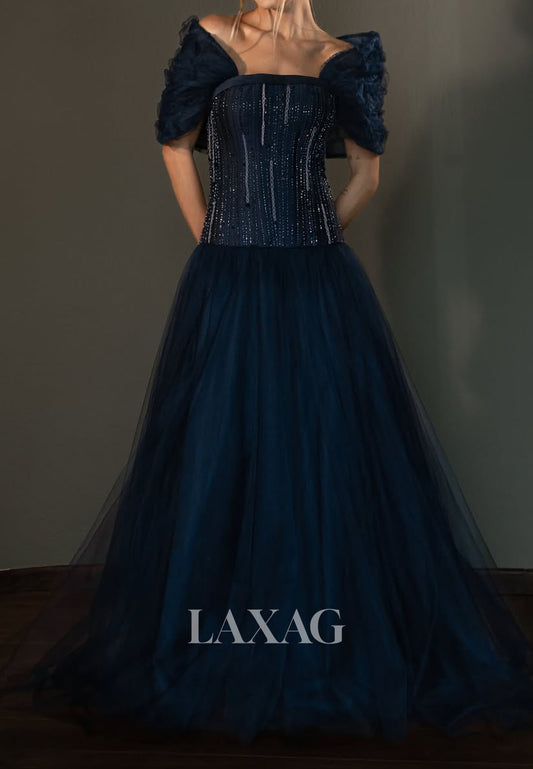 Tube Top Cap-Sleeves Floor-Length A-Line Prom Dress Sequined Beaded Tulle Pleated Evening Gowns