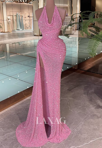 Halter-Neck Off-Shoulder Evening Gowns Fully Sequined Beaded Pleated Prom Dress with Slit