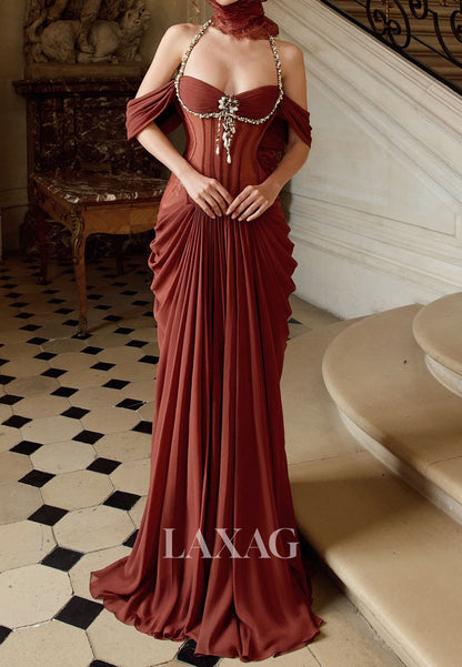 Halter-Sweetheart Sleeveless Rhinestone Beaded Pleated Chiffon Mermaid Formal Evening Dress