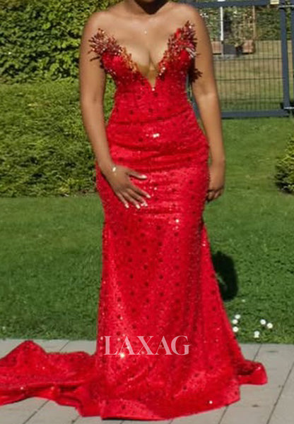 Deep V-Neck Rhinestone Mermaid Prom Dress Off-Shoulder Fully Sequined Beaded Satin Formal Gowns