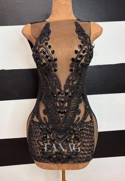 Deep V-Neck Sleeveless Beaded Rhinestone Tulle Sheer Mermaid Party Homecoming Dress with Bow