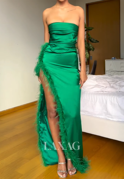 Tube Top Feathered Pleated Satin Mermaid Prom Dress Off-Shoulder Sleeveless High Slit Party Gowns