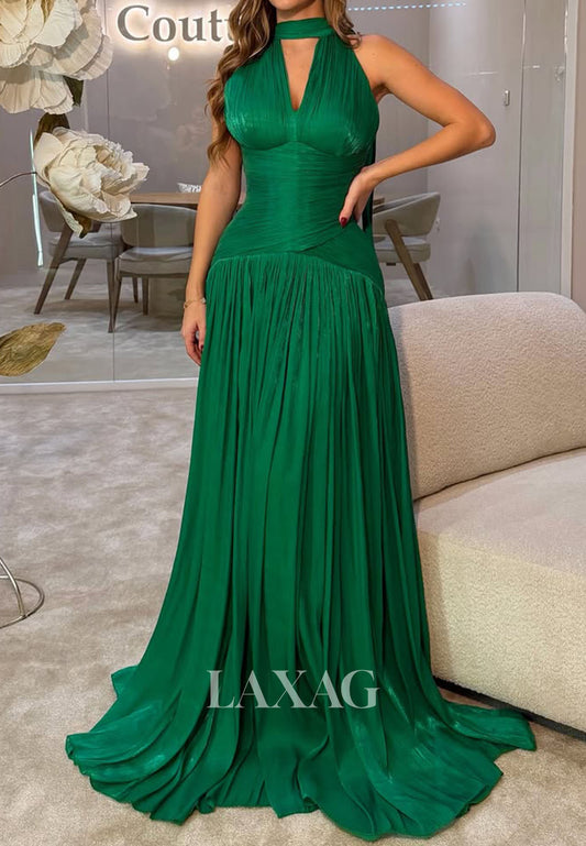 Halter V-Neck Sleeveless A-Line Prom Dress Simple Off-Shoulder Pleated Chiffon Party Gowns