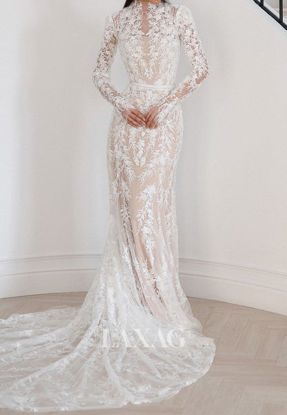Allover Lace Applique High-Neck Long-Sleeves Pleated Sheer Mermaid Wedding Dress with Train