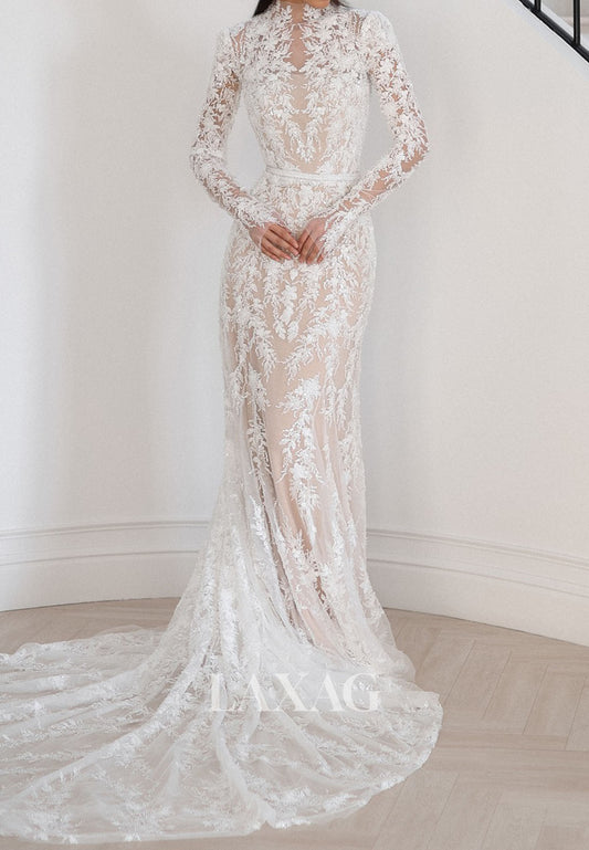 Allover Lace Applique High-Neck Long-Sleeves Pleated Sheer Mermaid Wedding Dress with Train