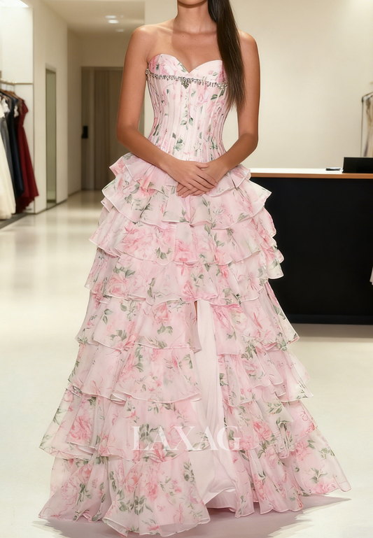 Off-Shoulder Sleeveless Beaded Party Gowns Sweetheart Print-Chiffon Pleated Tiered A-Line Prom Dress