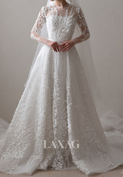 Scoop-Neck Long-Sleeves Bride Gowns Applique Sequined Pleated Tulle A-Line Wedding Dress