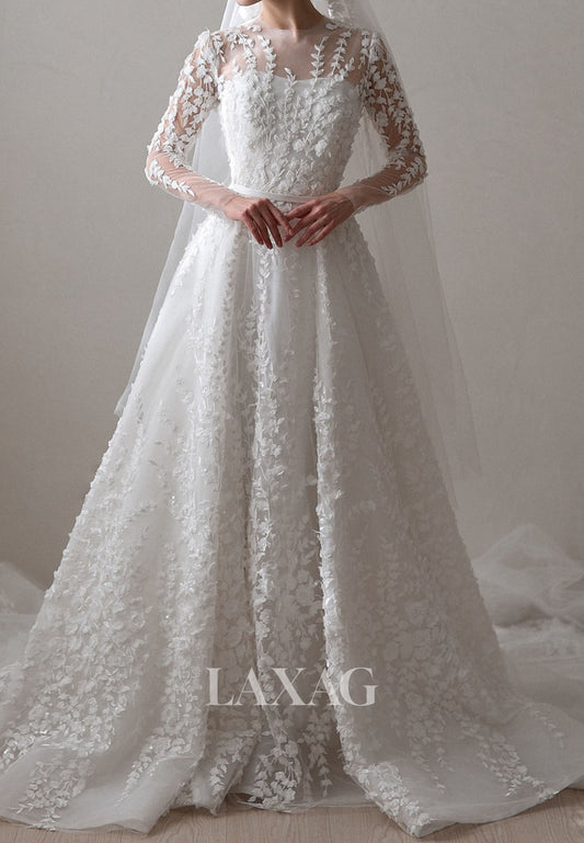Scoop-Neck Long-Sleeves Bride Gowns Applique Sequined Pleated Tulle A-Line Wedding Dress