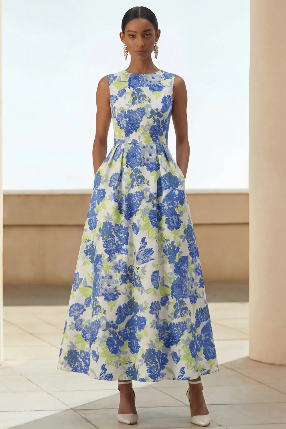 Scoop-Neck Sleeveless Ankle-Length Jacquard Satin Pleated Mother of the Bride Dress