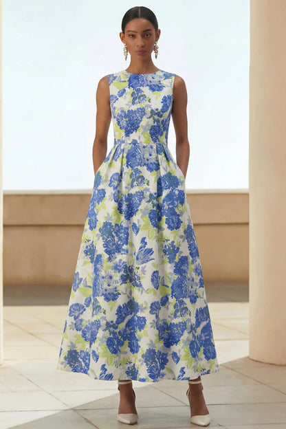 Scoop-Neck Sleeveless Ankle-Length Jacquard Satin Pleated Mother of the Bride Dress