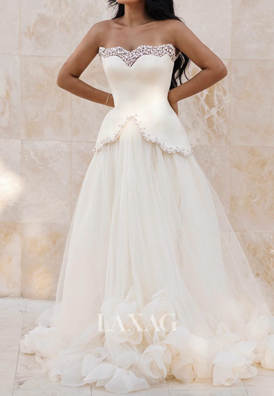 Sweetheart Off-Shoulder Sleeveless Rhinestone Beaded Pleated Satin&Tulle A-Line Wedding Dress