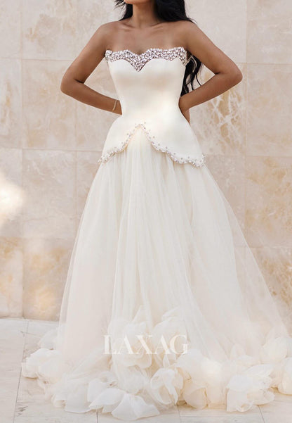 Sweetheart Off-Shoulder Sleeveless Rhinestone Beaded Pleated Satin&Tulle A-Line Wedding Dress