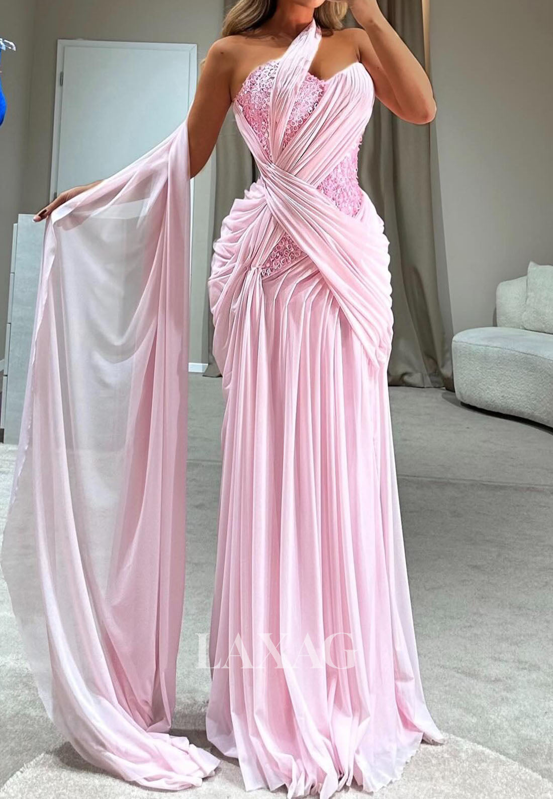 Off-Shoulder Sweetheart Pleated Chiffon Party Gowns Sleeveless Sequined Mermaid Prom Dress