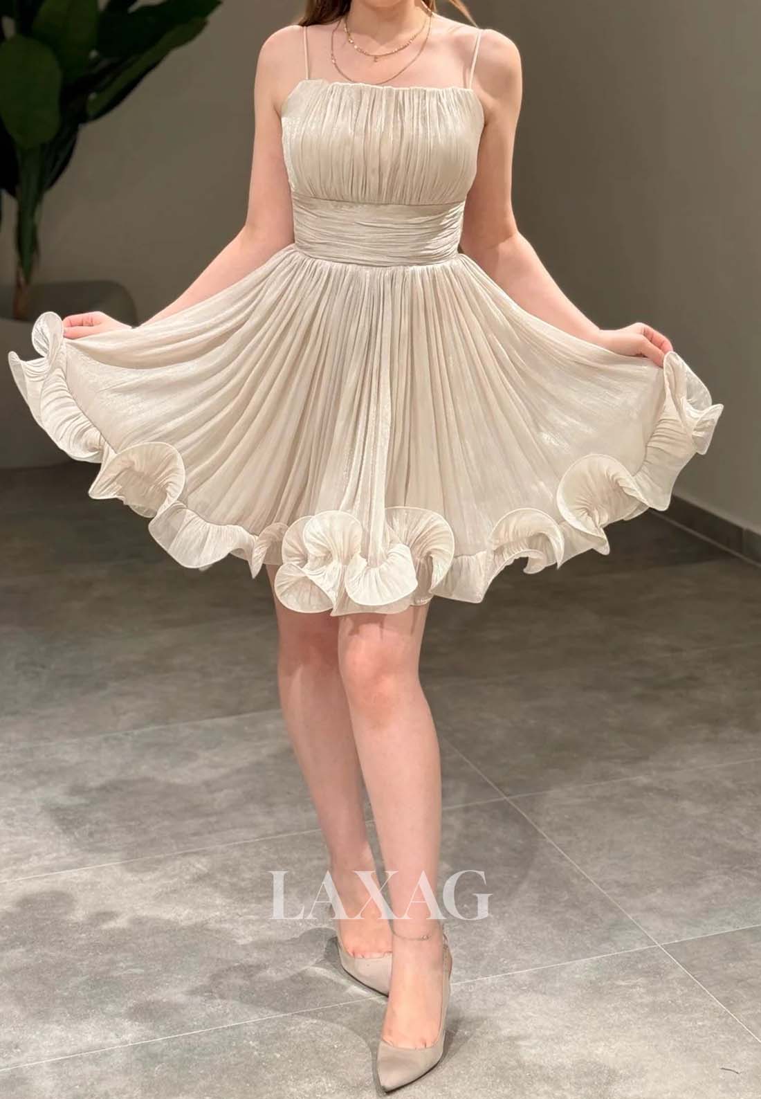 Spaghetti Straps Bateau-Neck Off-Shoulder Pleated Chiffon A-Line Homecoming Dress