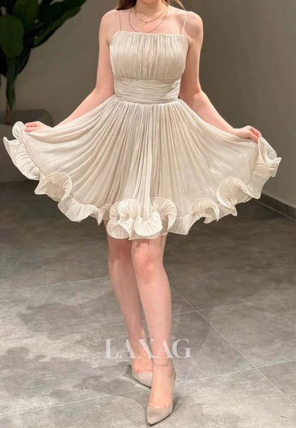 Spaghetti Straps Bateau-Neck Off-Shoulder Pleated Chiffon A-Line Homecoming Dress