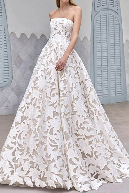 Tube Top Off-Shoulder Sleeveless Lace Pleated A-Line Wedding Dress with Train