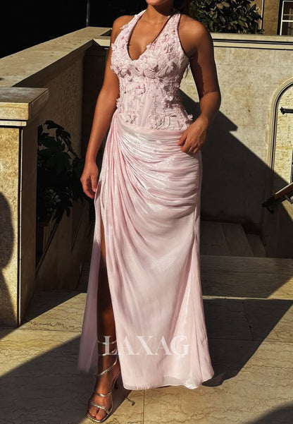 Halter V-Neck Floral Embellished Mermaid Evening Dress Off-Shoulder Pleated Chiffon Formal Gowns