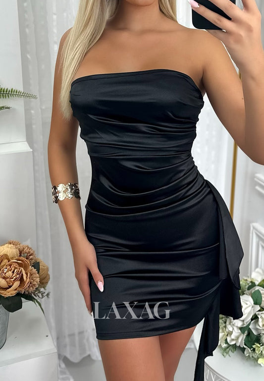 Bateau-Neck Off-Shoulder Sleeveless Pleated Satin Short Mermaid Party Homecoming Dress