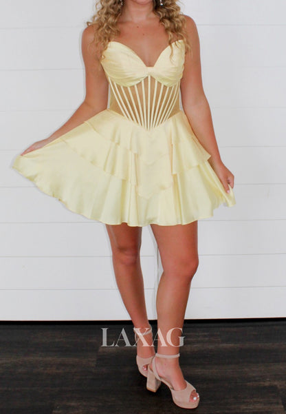 Sweetheart Off-Shoulder Sleeveless Pleated Satin Tiered A-Line Party Homecoming Dress