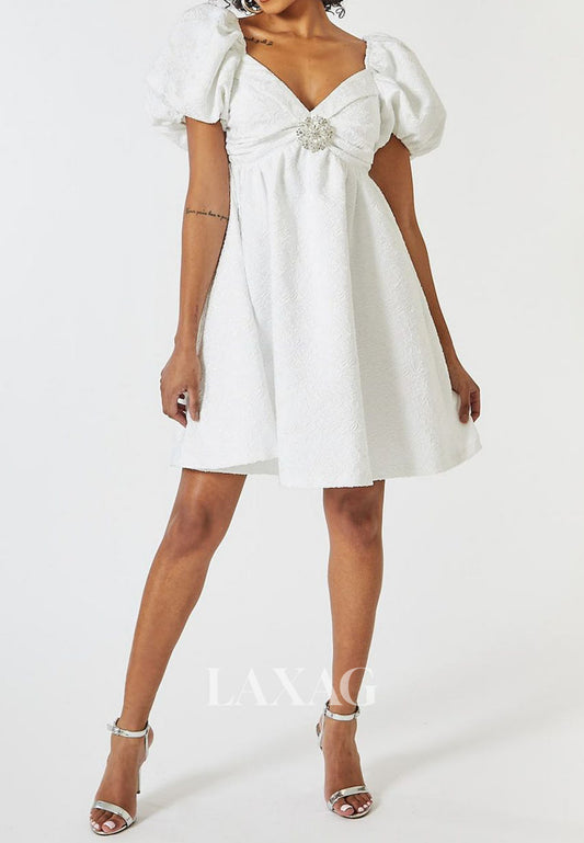 V-Neck Cap-Sleeves Beaded Applique Pleated Satin Short A-Line Party Homecoming Dress