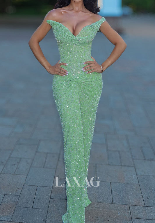 V-Neck Floor-Length Mermaid Prom Dress Off-Shoulder Fully Sequined Beaded Pleated Party Gowns