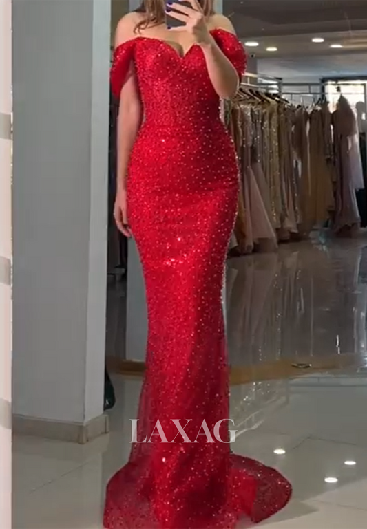 Sweetheart Fully Sequined Beaded Mermaid Prom Dress Off-Shoulder Sleeveless Party Gowns