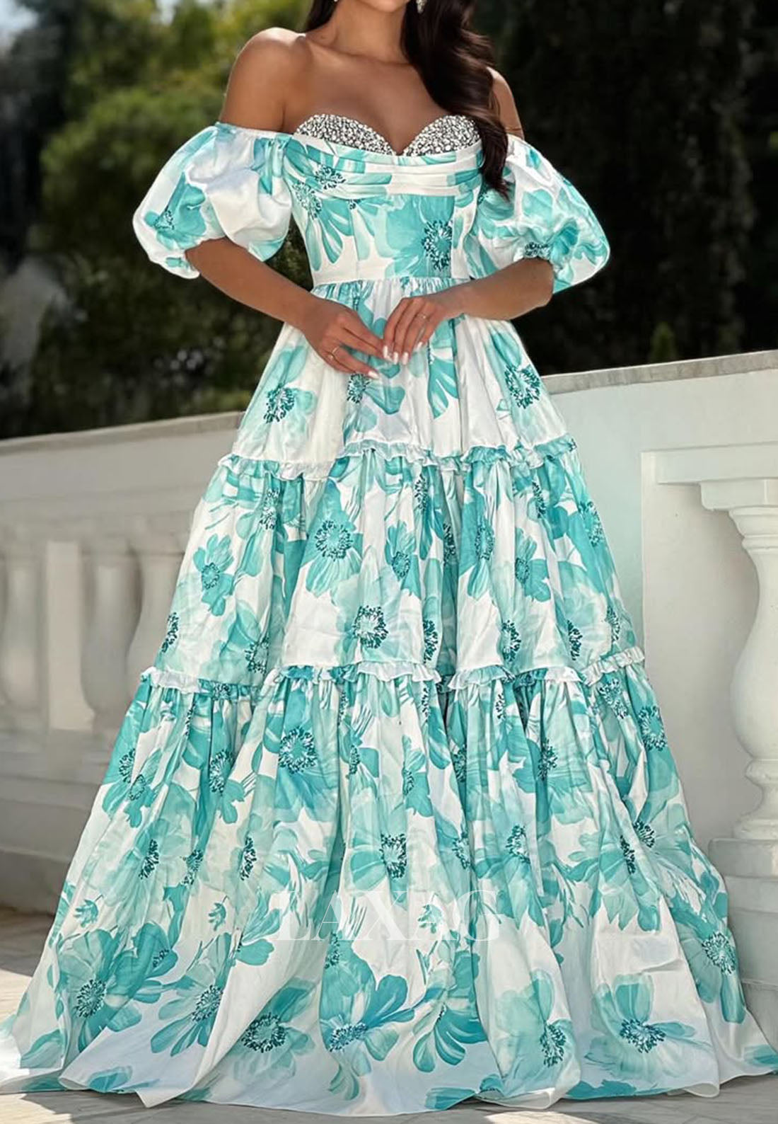 Sweetheart Puff-Sleeves Beaded A-Line Party Prom Dress Off-Shoulder Pleated Print-Satin Formal Gowns